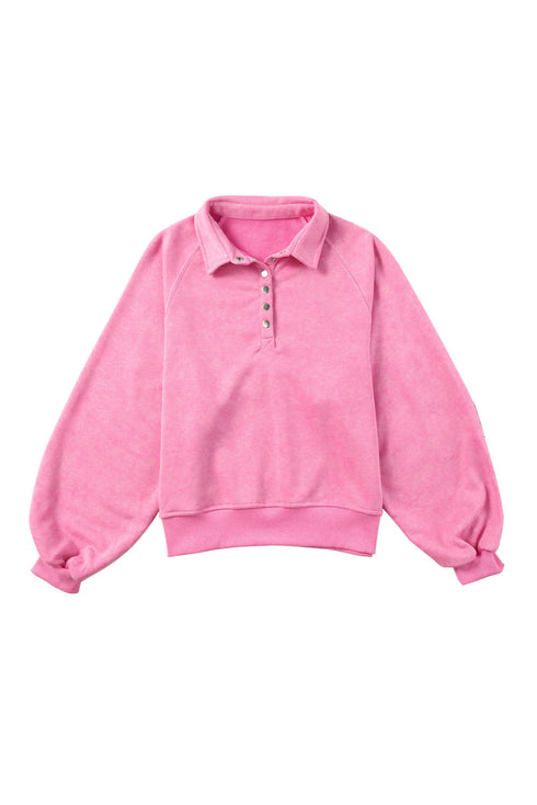 Lantern Sleeve Snap Button Placket Washed Pullover Casual Round Neck Sweatshirt